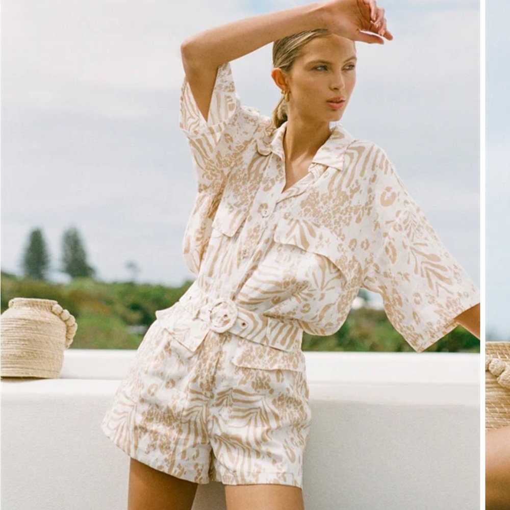Beige Patterned Shirt and Shorts Set